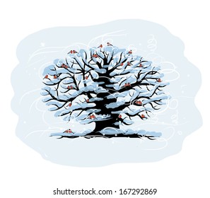 Christmas card design with winter tree and bullfinches
