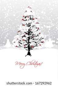 Christmas card design with winter tree and bullfinches