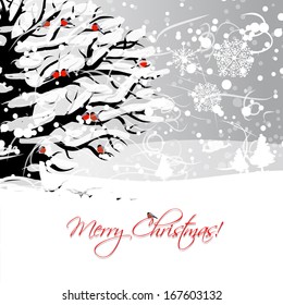 Christmas card design with winter tree and bullfinches