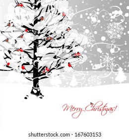 Christmas card design with winter tree and bullfinches