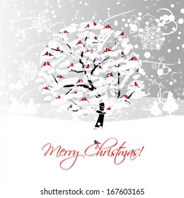 Christmas card design with winter tree and bullfinches
