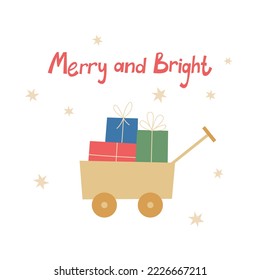 Christmas card design with Christmas wooden gift cart and presents. Winter holiday design for postcards, paper prints, web banners.