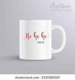 Christmas card design with words ho ho ho. Santa. Red lettering on white background. Christmas concept with mug mockup