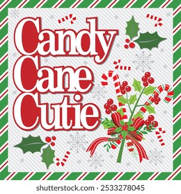 Christmas card design with wreath and candy cane cutie