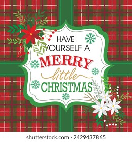 Christmas card design with wreath flowers, lettering and tartan background