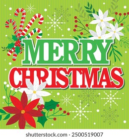Christmas card design with wreath flowers, candy cane and lettering