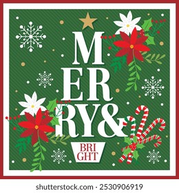 Christmas card design with wreath flowers, merry and bright