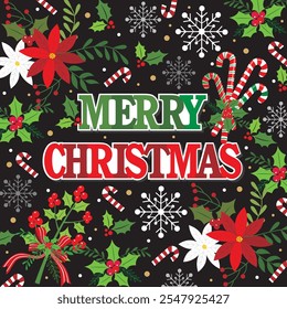 Christmas card design with wreath flowers, snowflakes and candy cane