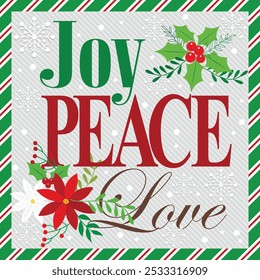 Christmas card design with wreath, joy, peace and love