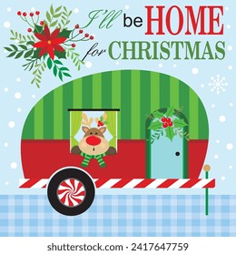 Christmas card design with wreath and reindeer in the caravan