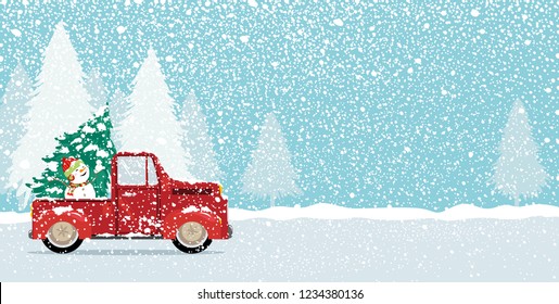 Christmas Card Design Of Xmas Tree And Cute Snowman On Vintage Car Truck With Copy Space Vector Illustration