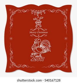 Christmas card design. Year of the monkey and rooster. Text design. Decorative corners. Vector illustration.