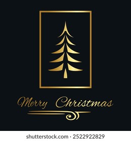 Christmas card. Designer golden Christmas tree in frame and greeting text “Merry Christmas”. Vector on black background