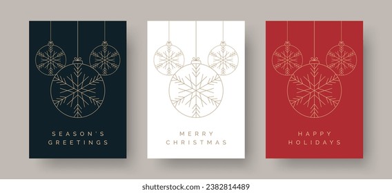 Christmas Card Designs with Decorative Baubles Illustration. Set of Trendy Elegant Christmas Card Concepts with Merry Christmas, Season's Greetings, Happy Holidays Text. Vector Design template.