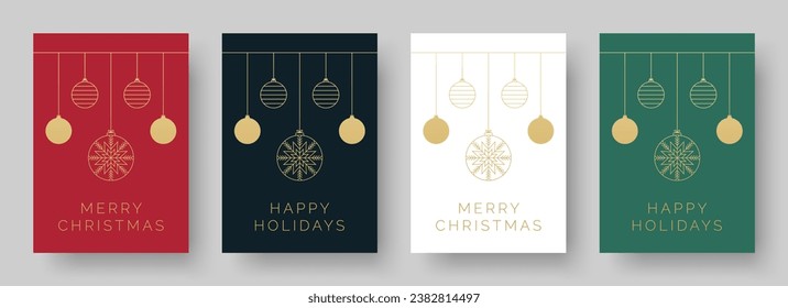 Christmas Card Designs with Decorative Baubles Illustration. Set of Trendy Elegant Christmas Card Concepts with Golden Bauble Design, Merry Christmas and Happy Holidays Text. Vector Design template.