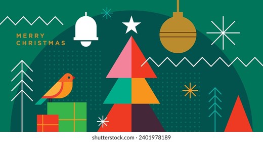 Christmas Card Designs with Geometric Christmas Tree Scene Illustration. Modern Christmas Card Templates Vector, Merry Christmas Gifts sparkle, star and bell doted and circle