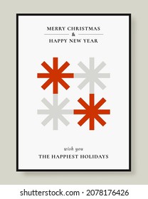 Christmas Card Designs with Simple Geometric Snowflakes Illustration. Modern Christmas Cards with Merry Christmas, Season's Greetings, Happy Holidays Text. Vector Design template.