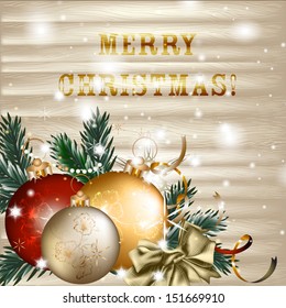 Christmas card with detailed fir branches and baubles. Christmas vector