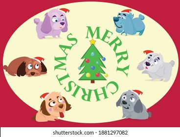 Christmas card with different cute dogs. Ideal for petshops and pet lovers. Vector clear style.
