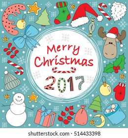 Christmas card with different cute doodle objects