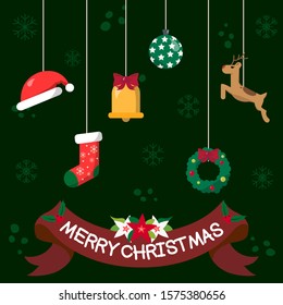 Christmas card with different christmas ornaments and ribbon on green background with snowflakes.