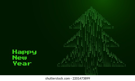 Christmas Card With Digital Christmas Tree Made of Falling Binary Digits. Binary Computer Matrix. Abstract Technology Holiday Background. Vector Illustration.