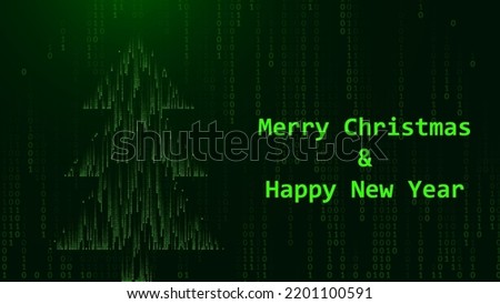 Christmas Card With Digital Christmas Tree Made of Falling Binary Digits. Binary Computer Matrix. Abstract Technology Holiday Background. Vector Illustration.