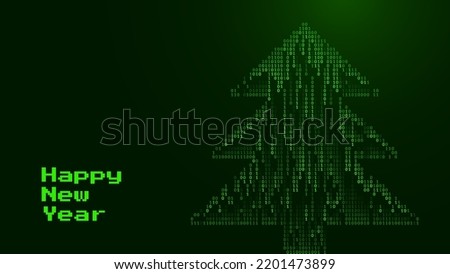 Christmas Card With Digital Christmas Tree Made of Falling Binary Digits. Binary Computer Matrix. Abstract Technology Holiday Background. Vector Illustration.