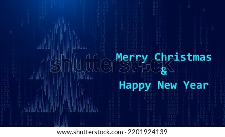 Christmas Card With Digital Christmas Tree Made of Falling Binary Digits. Binary Computer Matrix. Abstract Technology Holiday Background. Vector Illustration.