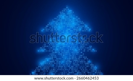 Christmas Card With Digital Christmas Tree Made of Data Flow Binary Digits. Binary Computer Matrix. Abstract Technology Xmas Holiday Background. Vector Illustration.