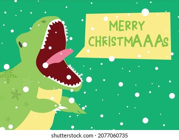 Christmas card with dinosaur tyrannosaurus. Merry christmas and happy new year with cute tirex