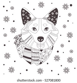 Christmas card with dog Corgi. The symbol of the Chinese new year. Zentangle style. Coloring book for adult, antistress coloring pages. Hand drawn vector isolated illustration on white background