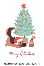 Christmas card with dog german shepherd under the tree. Vector greeting card in flat style with lettering Merry Christmas