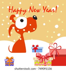 Christmas card with dog and gifts. Colored boxes with gifts. Year of the dog. Cute puppy on the snow.