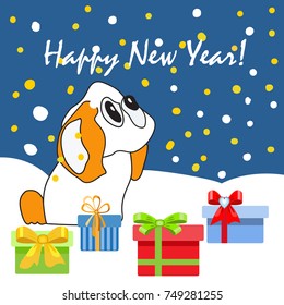 Christmas card with dog and gifts. Colored boxes with gifts. Year of the dog. Cute puppy on the snow.