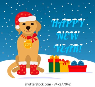 Christmas card with dog and gifts on a snowy winter landscape. The dog is a symbol of 2018. Vector illustration.