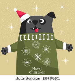 Christmas card with a dog. a dog in a Santa hat and a knitted sweater. vector illustration