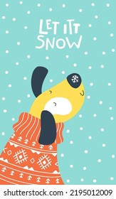 Christmas card with a dog in an ugly sweater with a snowflake and snowfall. Let itt snow. Vector cartoon illustration in simple childish hand drawn cartoon style. limited palette ideal for printing.