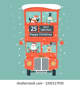 Christmas card with double-Decker bus , Santa, snowman, deer, penguin.  Vector illustration.