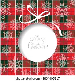 Weihnachtskarte mit zwei Papierschichten, einem Schnittkreis, einer Struktur aus Schneeflocken auf hellem Hintergrund von roten und grünen schottischen Zellen und Platz für Text. Stock-Vektorgrafik.