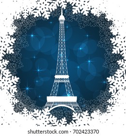 Christmas card with Eiffel tower. Vector illustration.