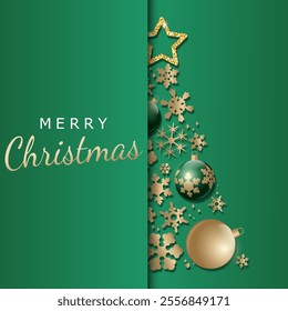 Christmas card. elegant vector illustration with a christmas tree made of snowflakes and balls. for invitation, banner, poster, flyer, backdrop, website, greeting en luxury dark green and gold tones.