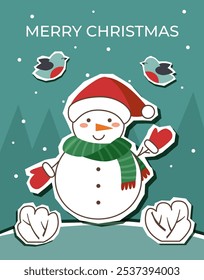 Christmas card. Christmas elements stickers. Snowman in Santa hat. Applique.