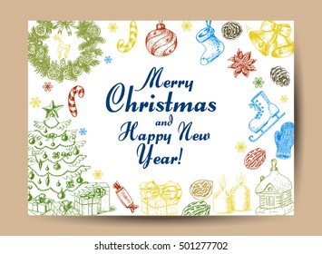 Christmas card with Christmas elements. Vector illustration for your design