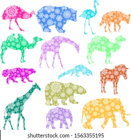 Christmas card elephant, giraffe, bear, flamingo, zebra, camel, hyena in snowflakes on a white background