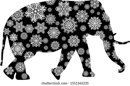 Christmas card elephant in snowflakes on a white background