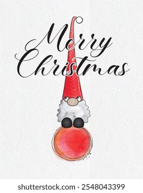 Christmas card with elf and Christmas ball, Christmas atmosphere, watercolor style, Christmas background 