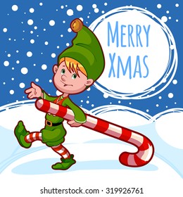 Christmas card with elf with candy. Template Christmas card. Vector clip-art illustration.