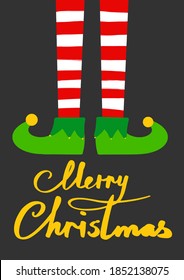 Christmas card with elf legs on a dark background. Merry Christmas. green shoes and striped pants.