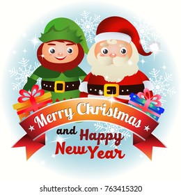 christmas card with elf and santa